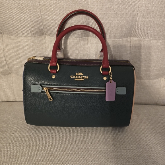 Coach Rowan Leather Satchel in Colorblock - Green, Red, Pink - NWT - Picture 3 of 9